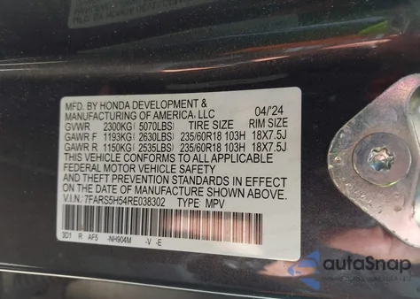2024 Honda Cr-V Hybrid Sport z USA, uszkodzony, nr VIN 7FARS5H54RE038302